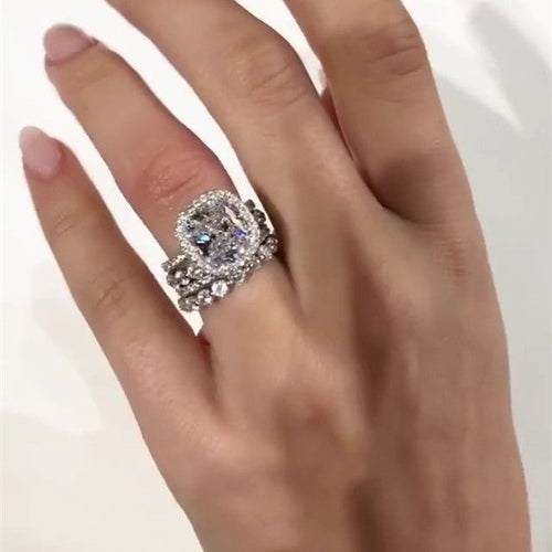 4 Pcs Vintage Handmade Cushion Cut Halo Sterling Silver Bridal Set Shineofdiamond