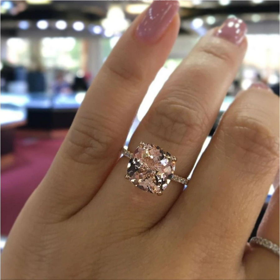 Rose Golden Cushion Cut Engagement Ring with Under Double Halo Shineofdiamond