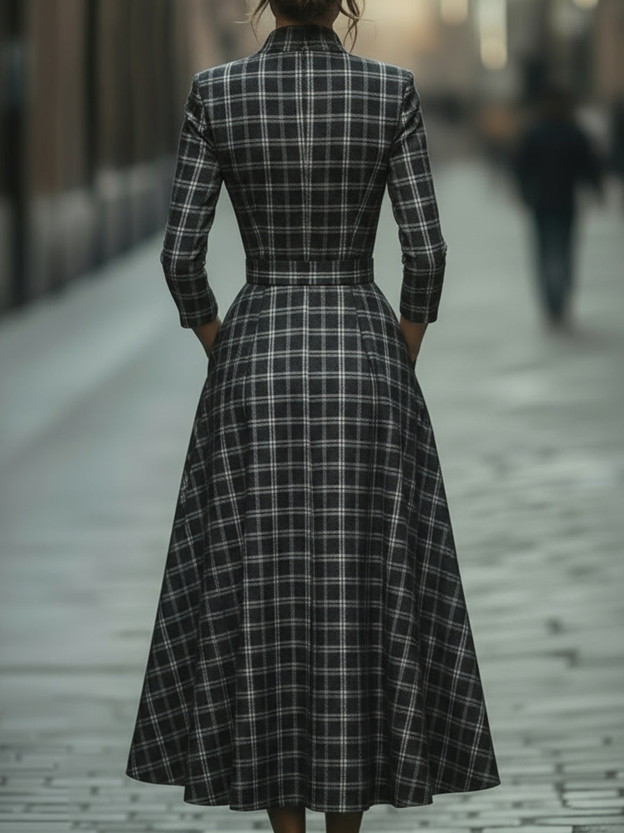 Plaid Check Belted Dress With V-Neckline ZJ