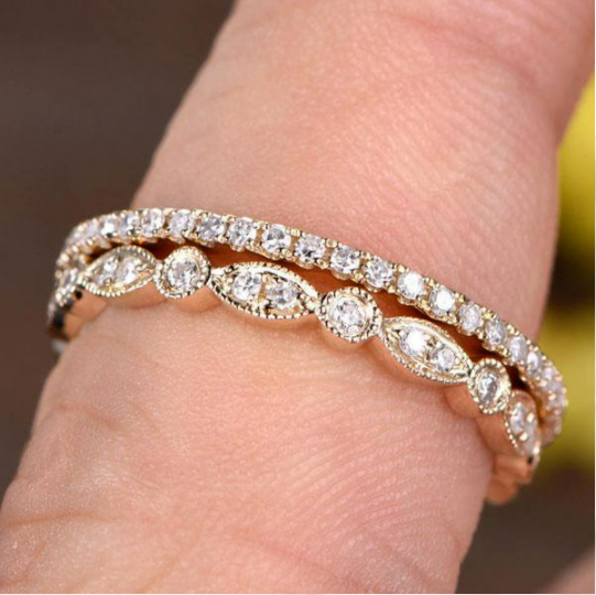 2pcs Golden Tone Art Decor Eternity Stackable Wedding Band Shineofidamond