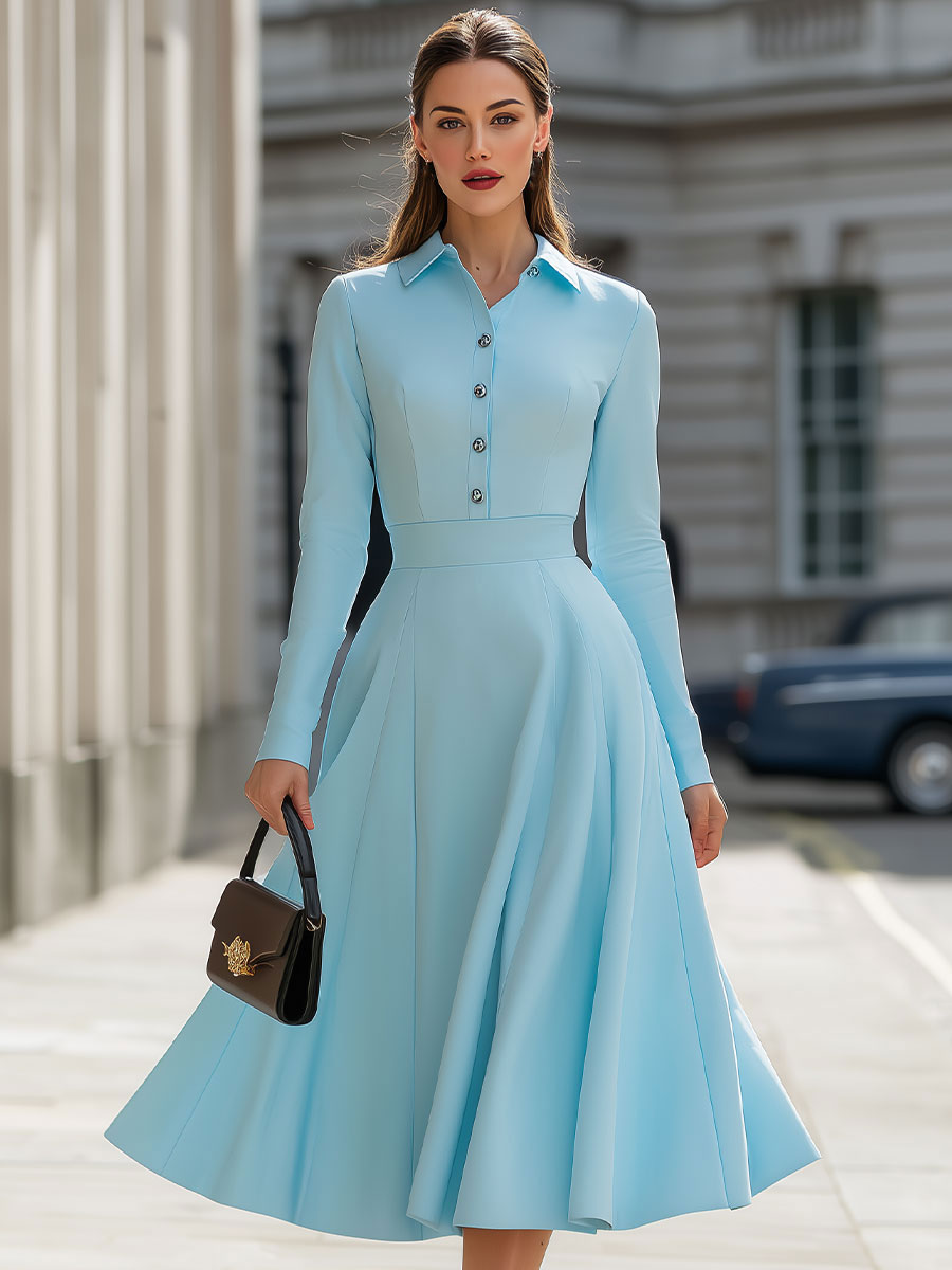 Sky Blue Shirt Collar Fit-and-Flare Dress SN