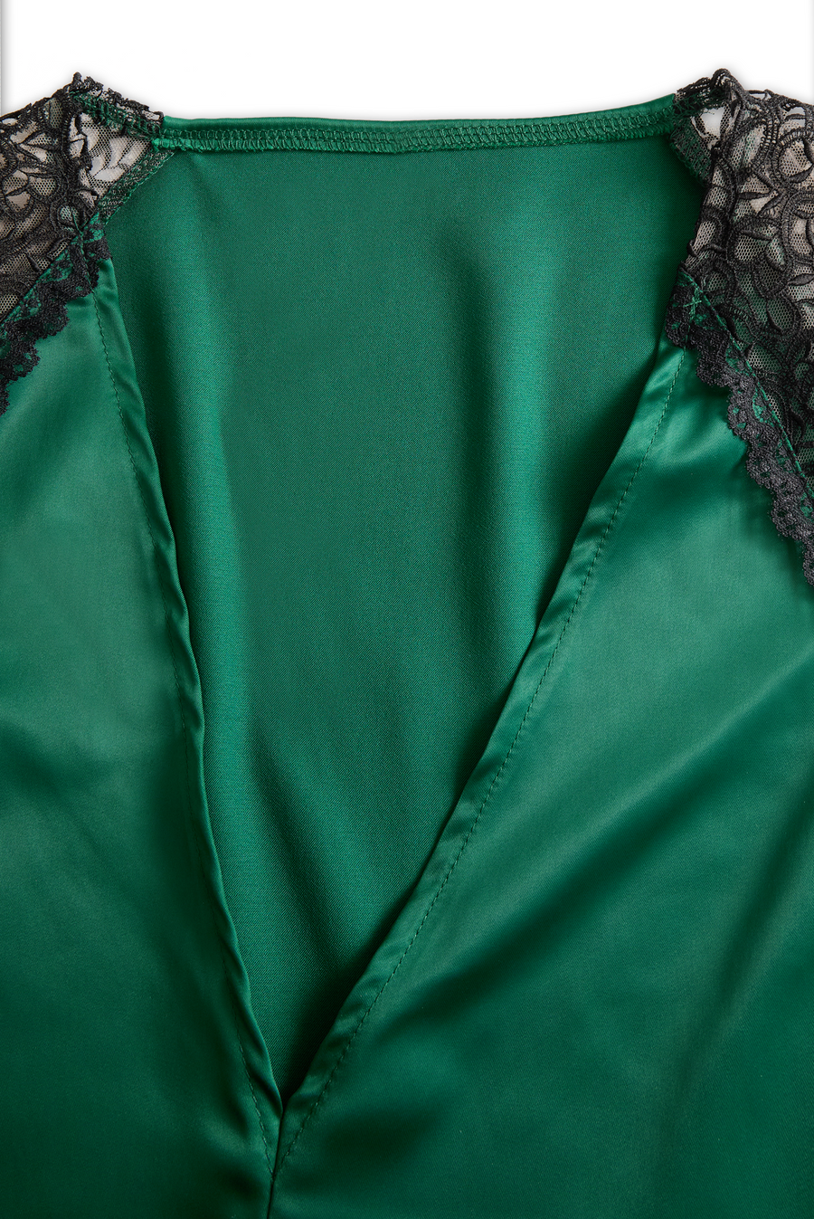 Deep V-Neck Satin Blouse with Lace Details - Emerald Allure XYS
