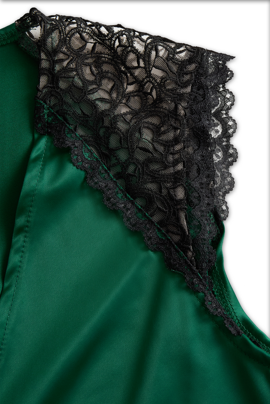 Deep V-Neck Satin Blouse with Lace Details - Emerald Allure XYS