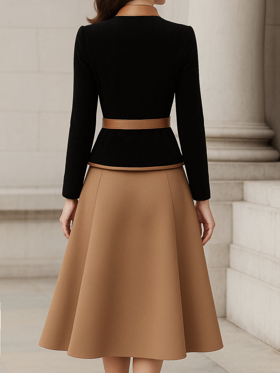 Two-Tone Trim Blazer And A-Line Midi Skirt Set MLZ