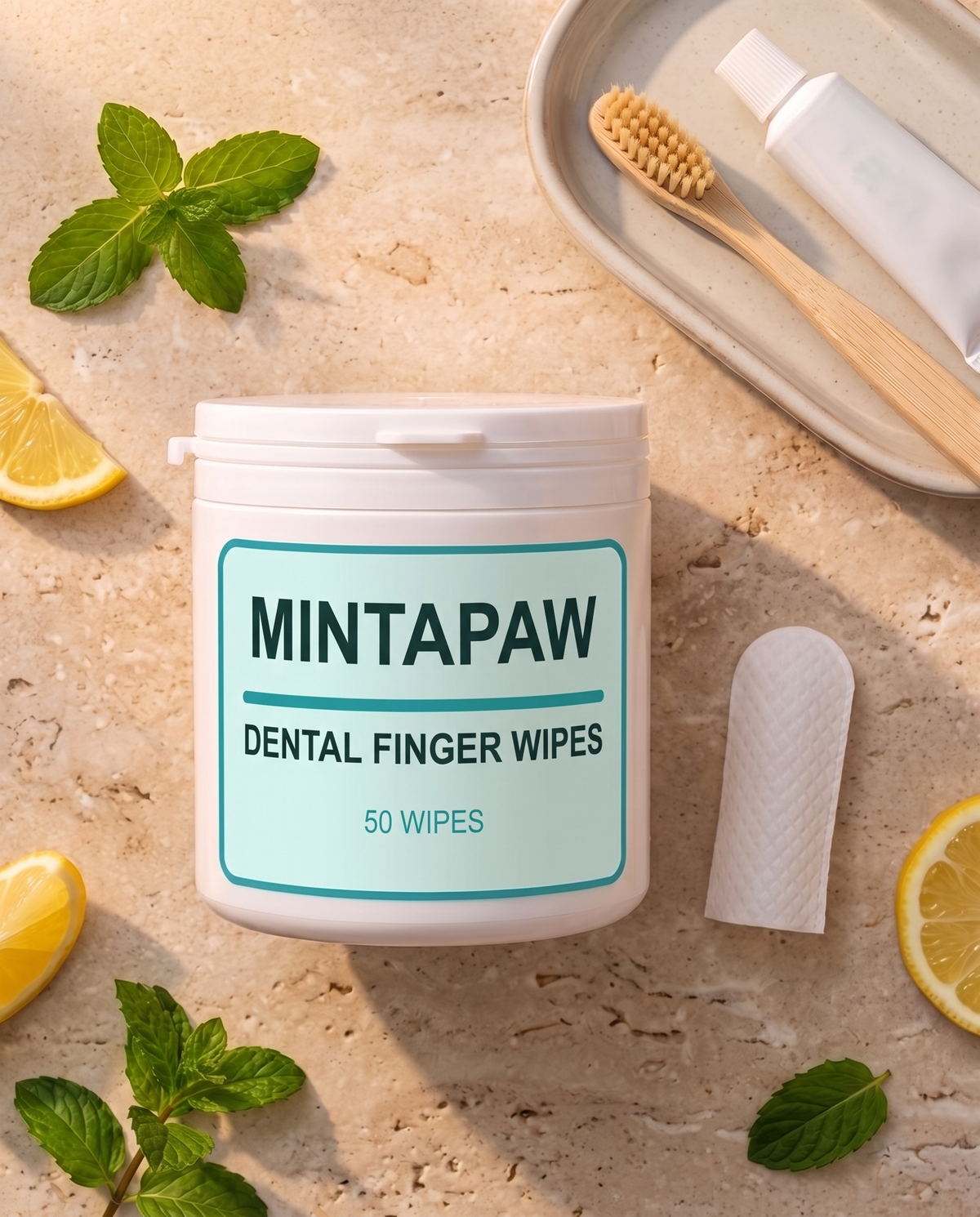 Open MintaPaw jar beside a clean finger wipe
