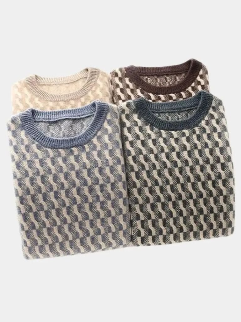 100% Wool Geometric Crew Neck Pullover Sweater - CAAYWORLD CAAYWORLD