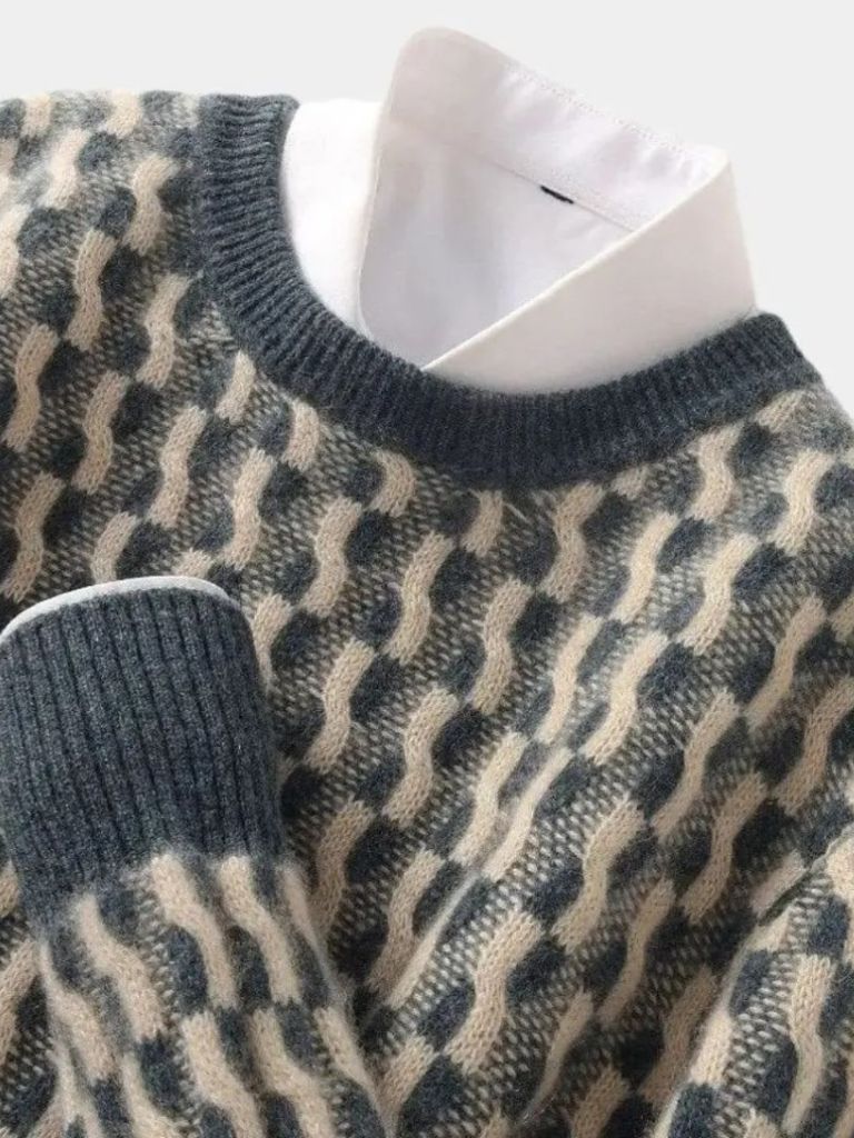 100% Wool Geometric Crew Neck Pullover Sweater - CAAYWORLD CAAYWORLD