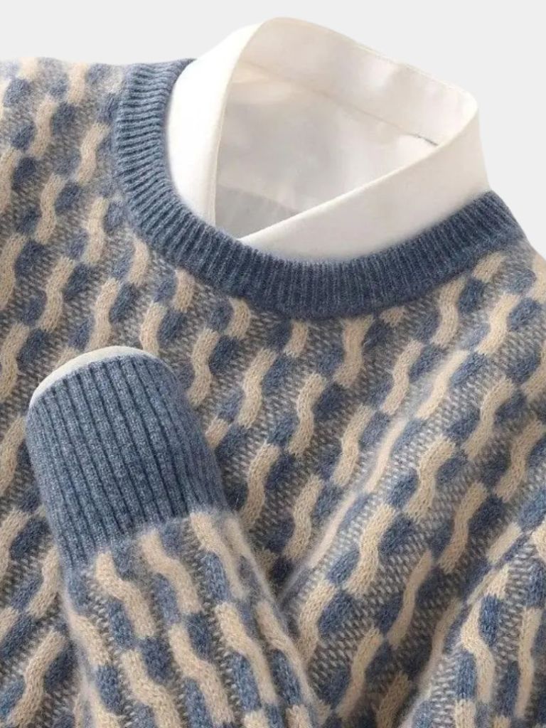 100% Wool Geometric Crew Neck Pullover Sweater - CAAYWORLD CAAYWORLD