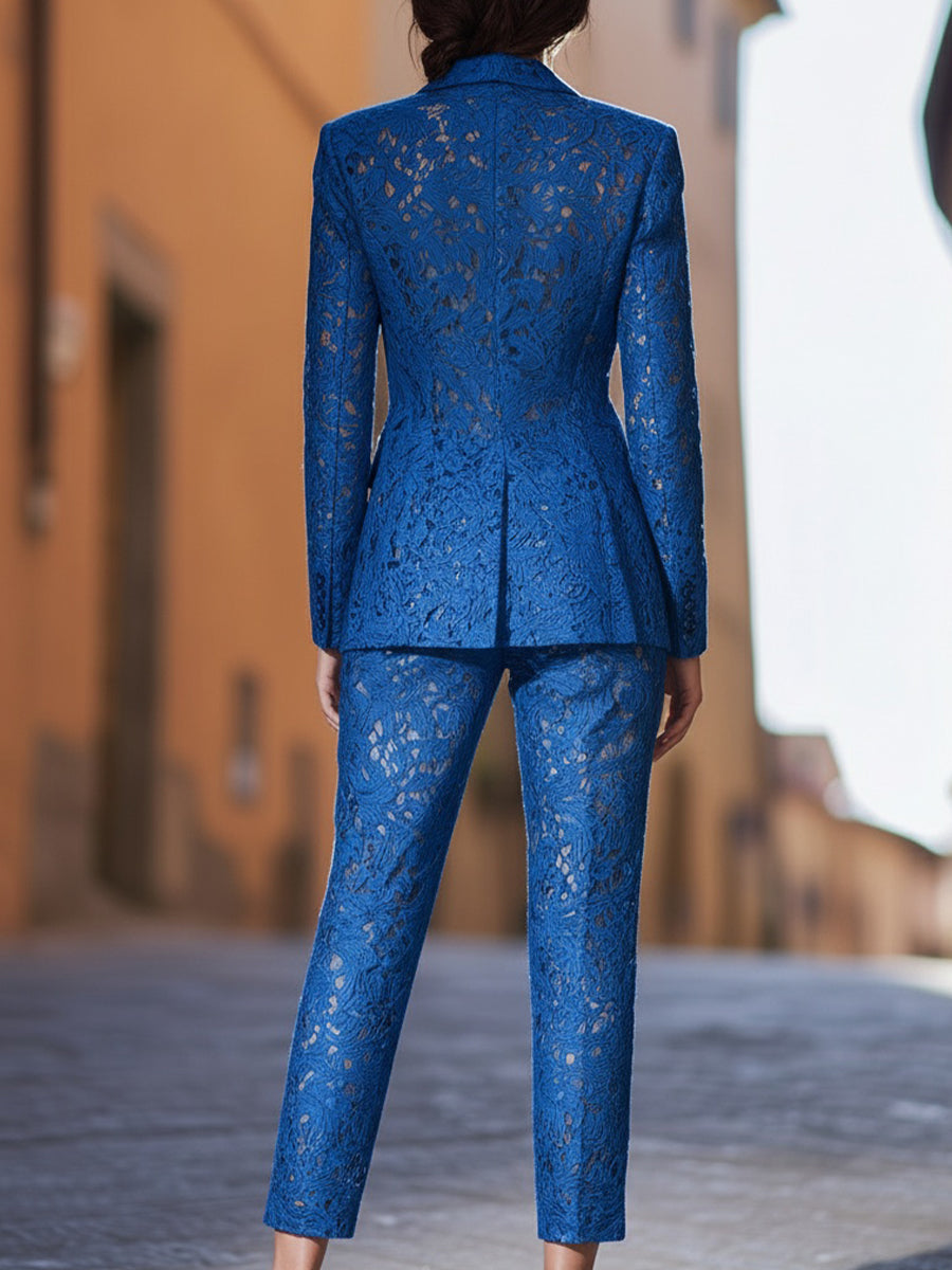 Chic Royal Blue Lace Tailored Suit Set HWT