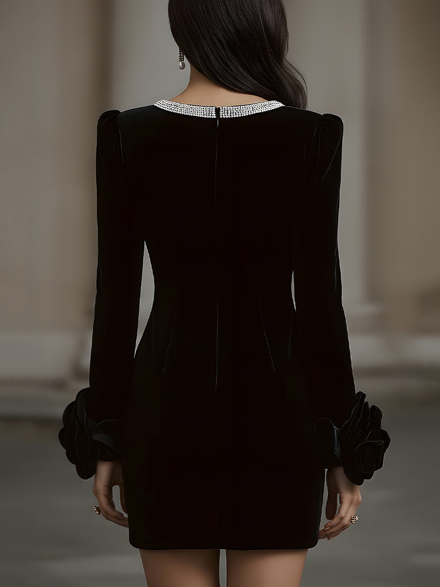 Elegant Velvet Mini Dress With Embellished Neckline And Floral Cuff Detail HWT