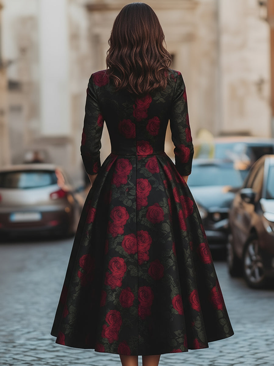 Elegant Jacquard Rose Print Midi Dress HWT
