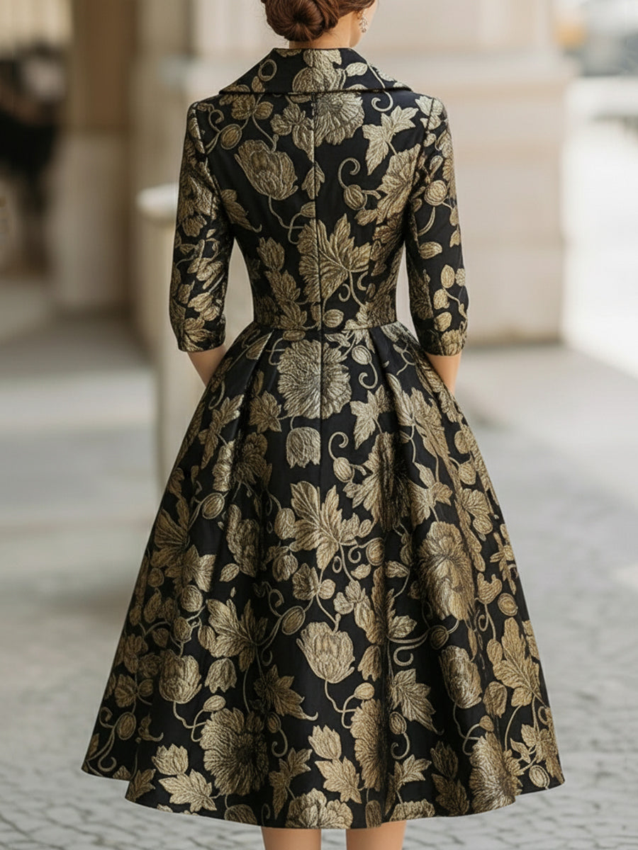 CAAYWORLD Black & Gold Jacquard Floral Midi Dress HWT