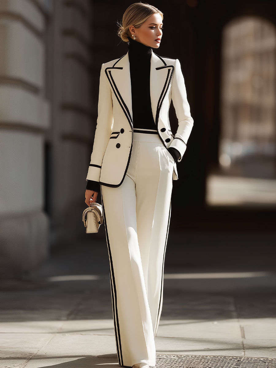 White Contrast - Trim Double - Breasted Suit Set SN