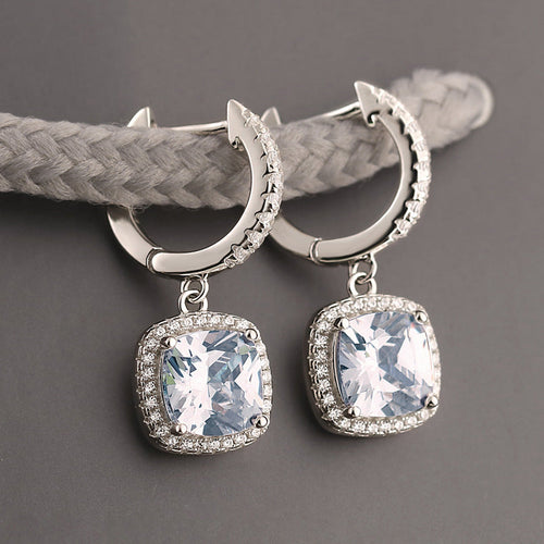 Birthstone Cushion Cut Halo Sterling Silver Drop Earrings Shineofdiamond