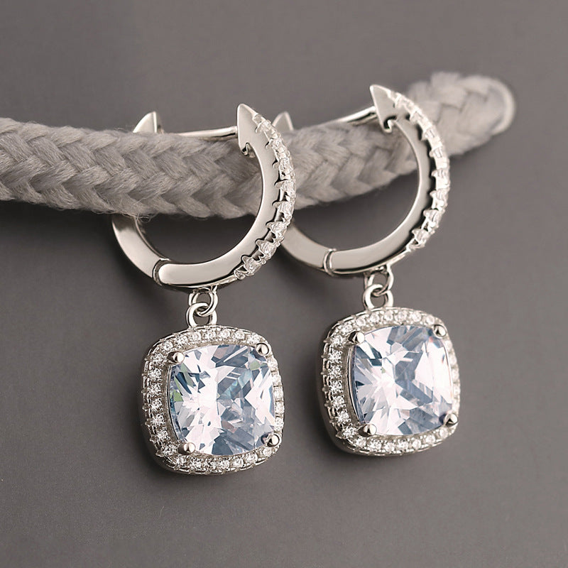 Birthstone Cushion Cut Halo Sterling Silver Drop Earrings Shineofdiamond