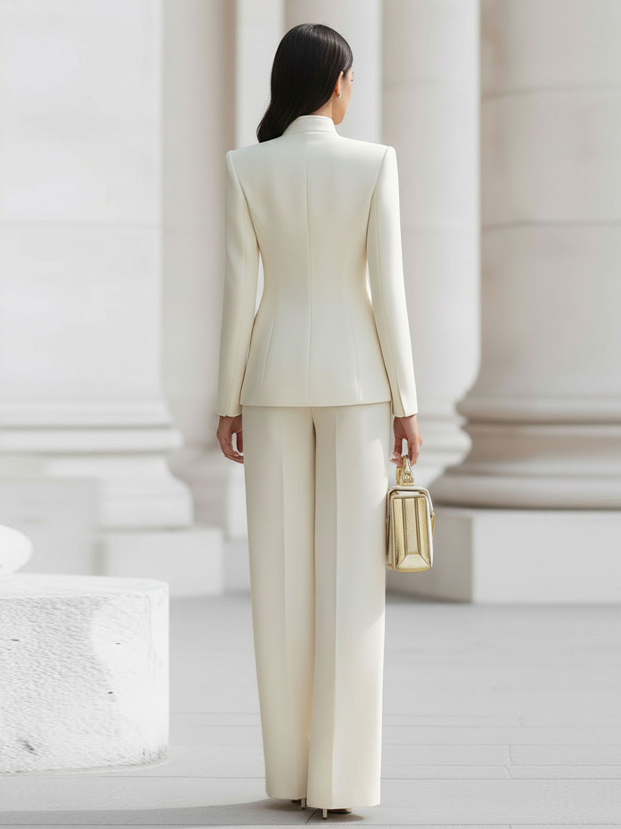 Elegant Cream Military-Inspired Tailored Suit Set With Gold Accents SN