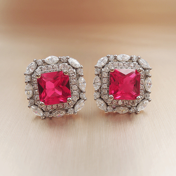 Red Gem Double Halo 925 Sterling Silver Stud Earrings Shineofidamond