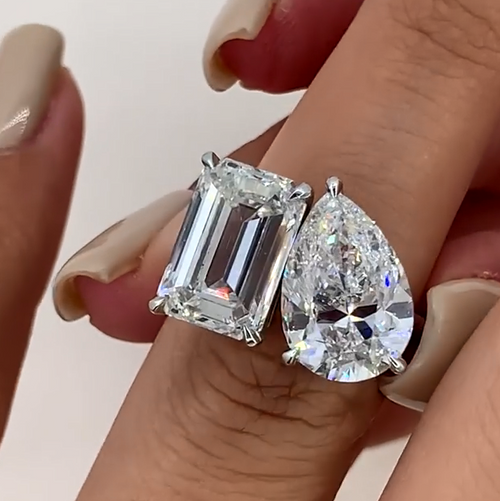 Unique Double-Stone Design Pear Cut & Emerald Cut Engagement Ring Shineofidamond