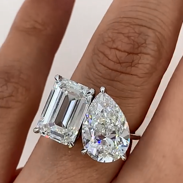 Unique Double-Stone Design Pear Cut & Emerald Cut Engagement Ring Shineofidamond