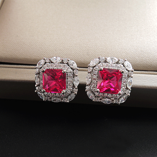 Red Gem Double Halo 925 Sterling Silver Stud Earrings Shineofidamond