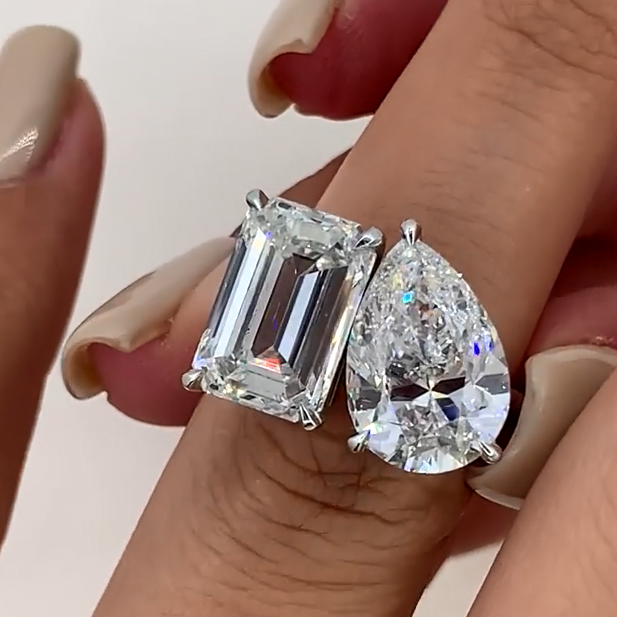 Unique Double-Stone Design Pear Cut & Emerald Cut Engagement Ring Shineofidamond