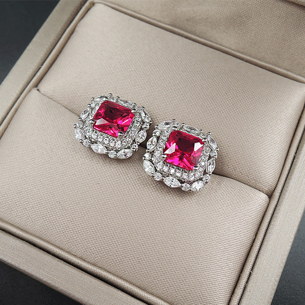 Red Gem Double Halo 925 Sterling Silver Stud Earrings Shineofidamond