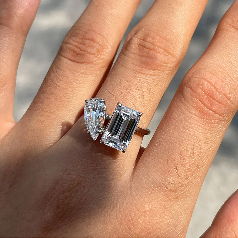 Unique Double-Stone Design Pear Cut & Emerald Cut Engagement Ring Shineofidamond