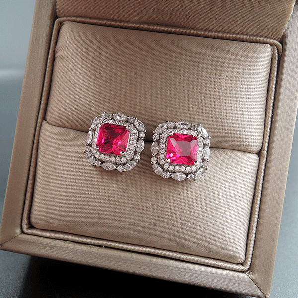 Red Gem Double Halo 925 Sterling Silver Stud Earrings Shineofidamond
