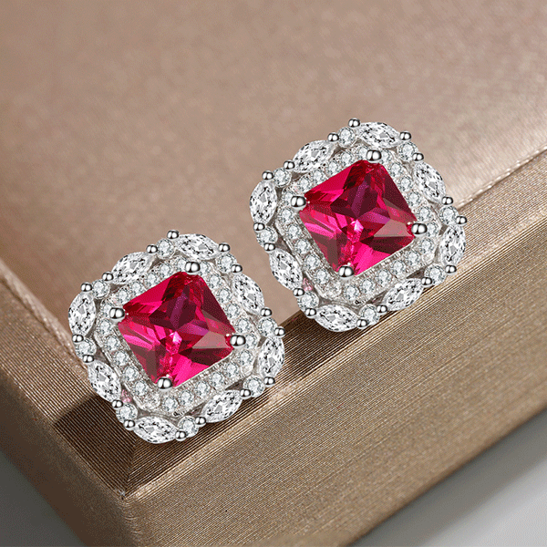 Red Gem Double Halo 925 Sterling Silver Stud Earrings Shineofidamond