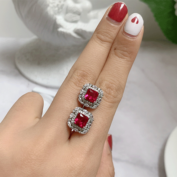 Red Gem Double Halo 925 Sterling Silver Stud Earrings Shineofidamond