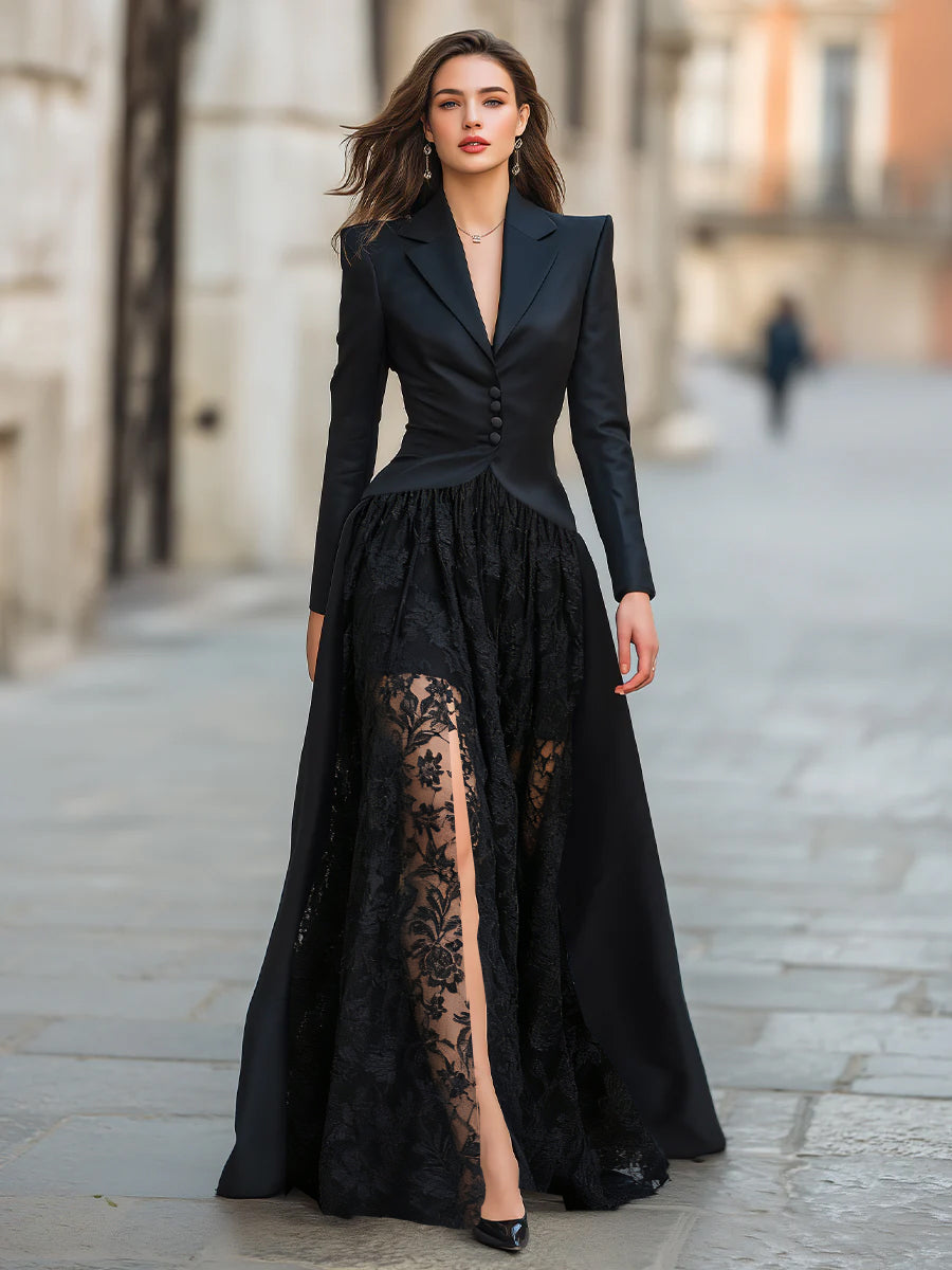 Elegant Tailored Blazer Panel Lace Gown Set HWT