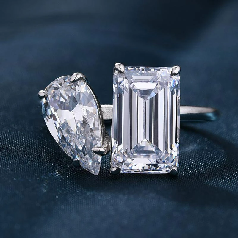 Unique Double-Stone Design Pear Cut & Emerald Cut Engagement Ring Shineofidamond