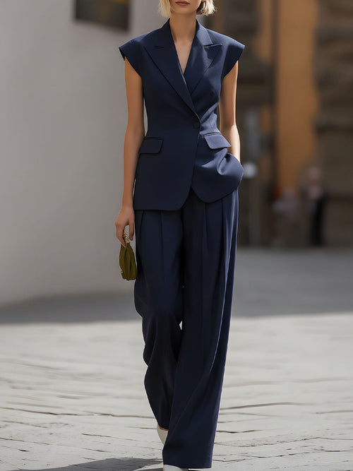 CAAYWORLD Presents The Sleek Navy Sleeveless Blazer & Wide-Leg Trouser Set SN