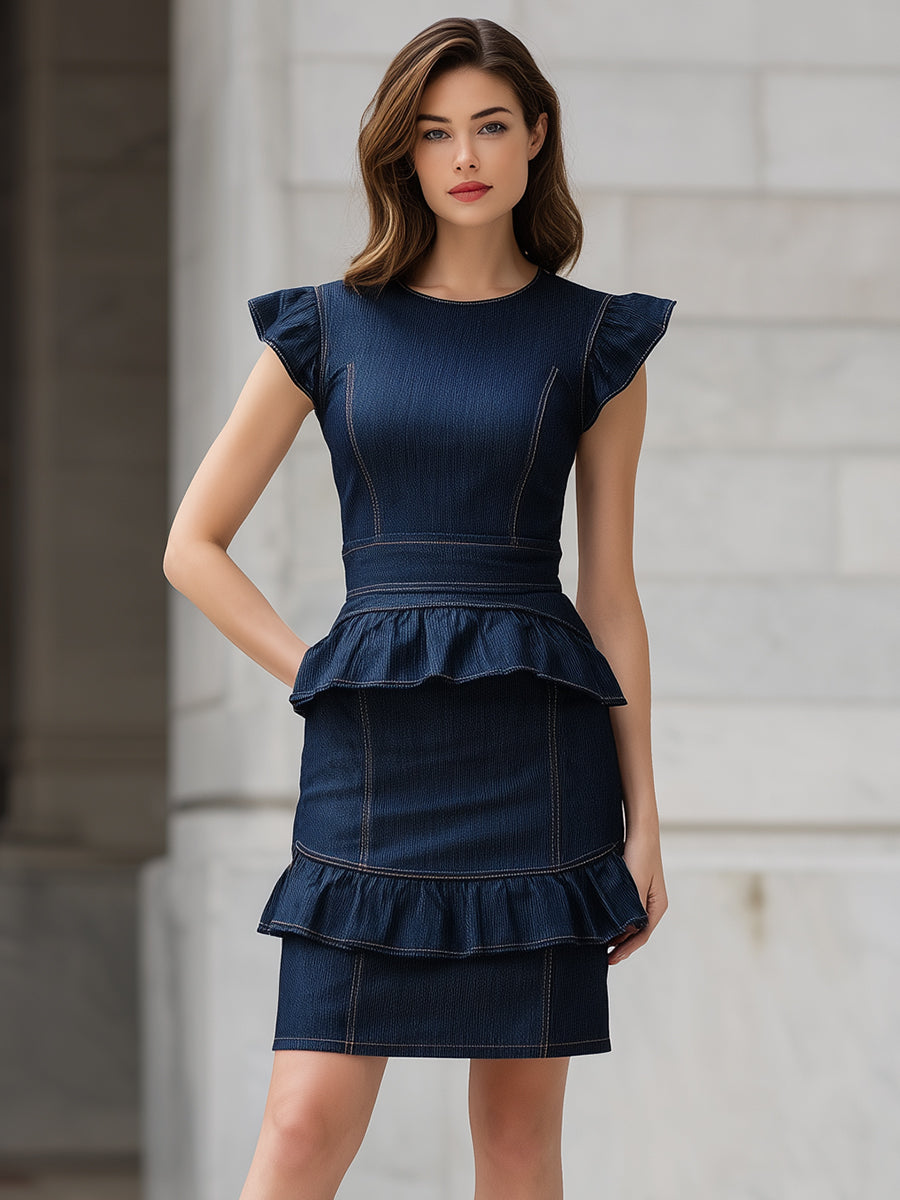 Structured Denim Ruffle Peplum Dress ZJ
