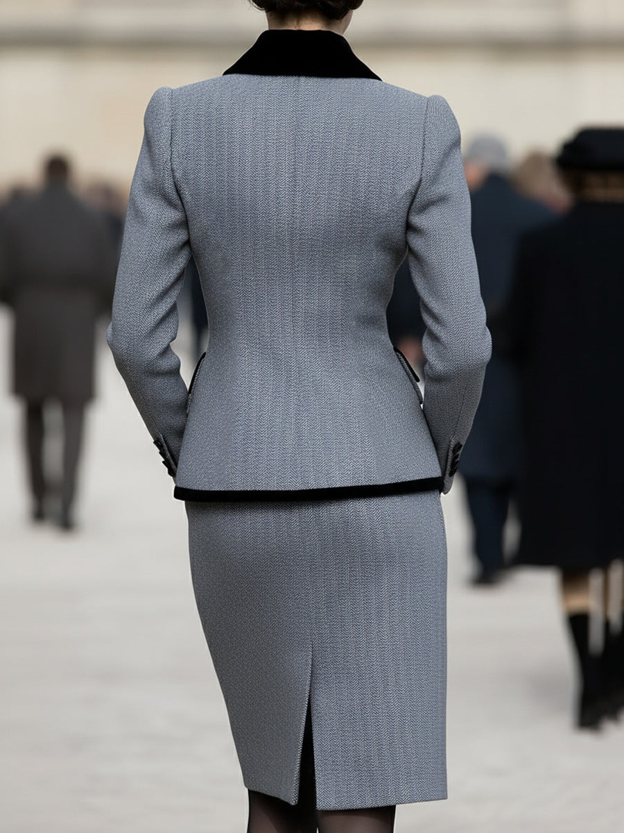 Elegant Herringbone Blazer & Pencil Skirt Set HWT