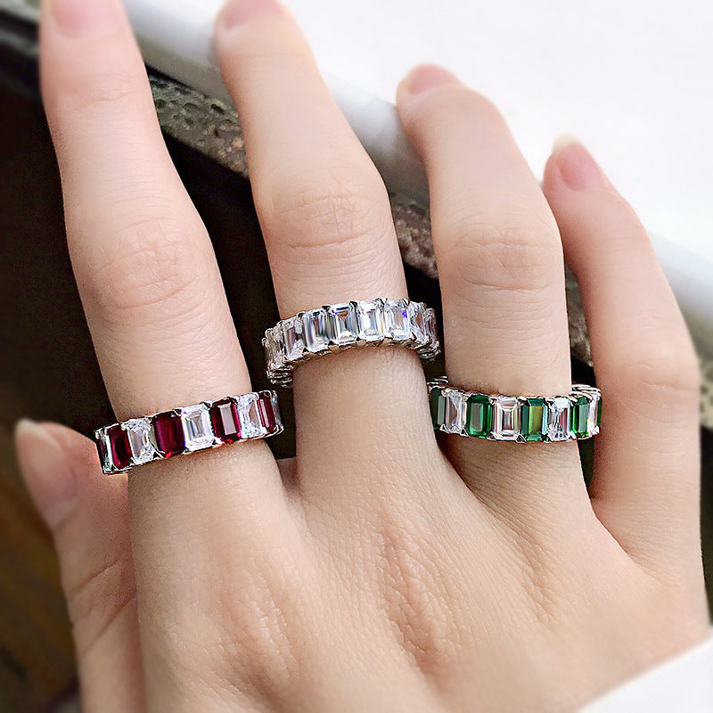 Multi-Colored Eternity Emerald Cut Sterling Silver Wedding Band Shineofidamond