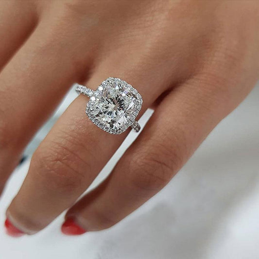 3.2 Carat Cushion Cut Halo Engagement Ring In Sterling Silver Shineofdiamond