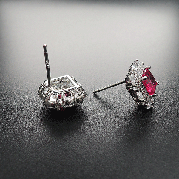 Red Gem Double Halo 925 Sterling Silver Stud Earrings Shineofidamond