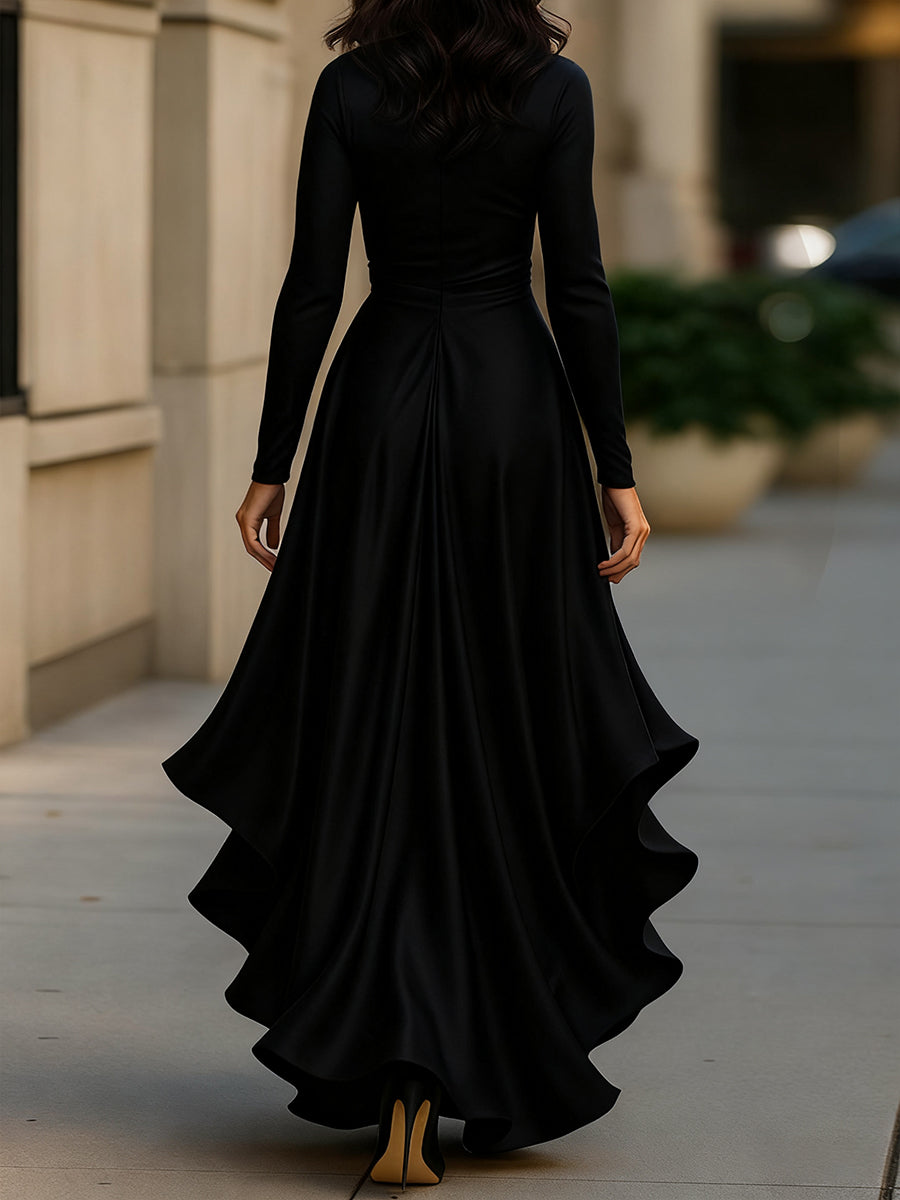 Midnight Blue Draped Satin Maxi Dress With Ruffle Details ZJ