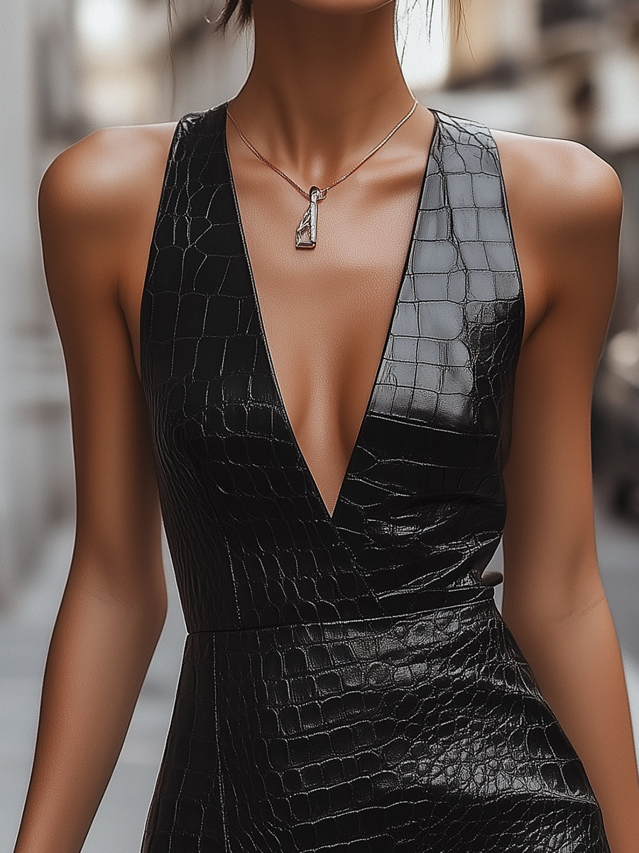 Bold Black Croc-Embossed Leather Mini Dress HWT