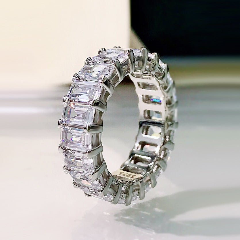Multi-Colored Eternity Emerald Cut Sterling Silver Wedding Band Shineofidamond