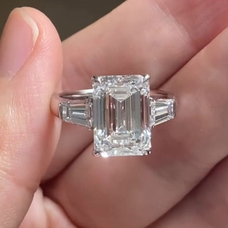 Classic Three Stone Emerald Cut Sterling Silver Engagement Ring Shine of Diamond
