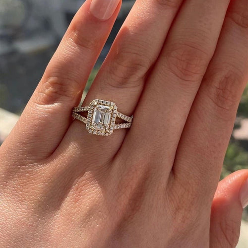 Luxurious Golden Tone Halo Emerald Cut Split Shank Engagement Ring Shineofdiamond