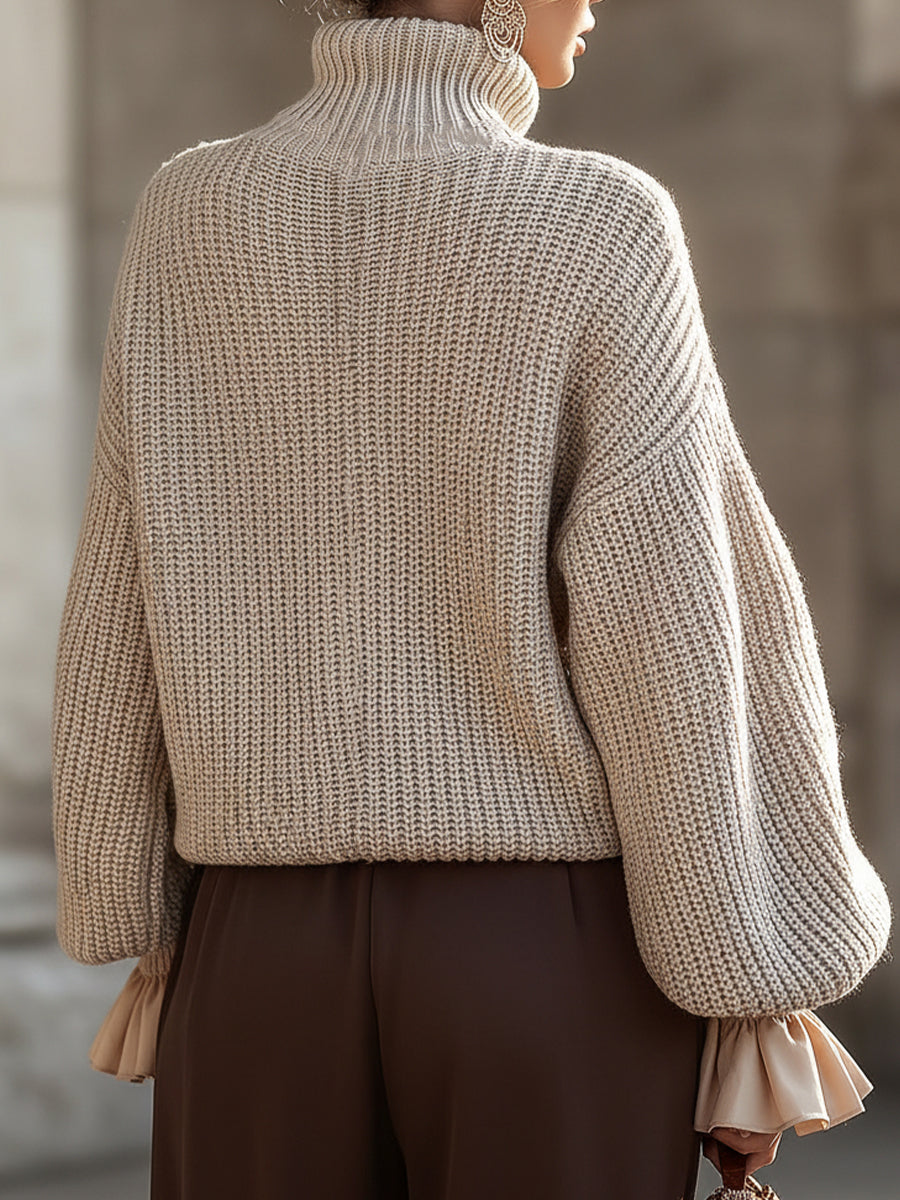 Cream Knit Turtleneck Sweater With Ruffled Cuffs XYS