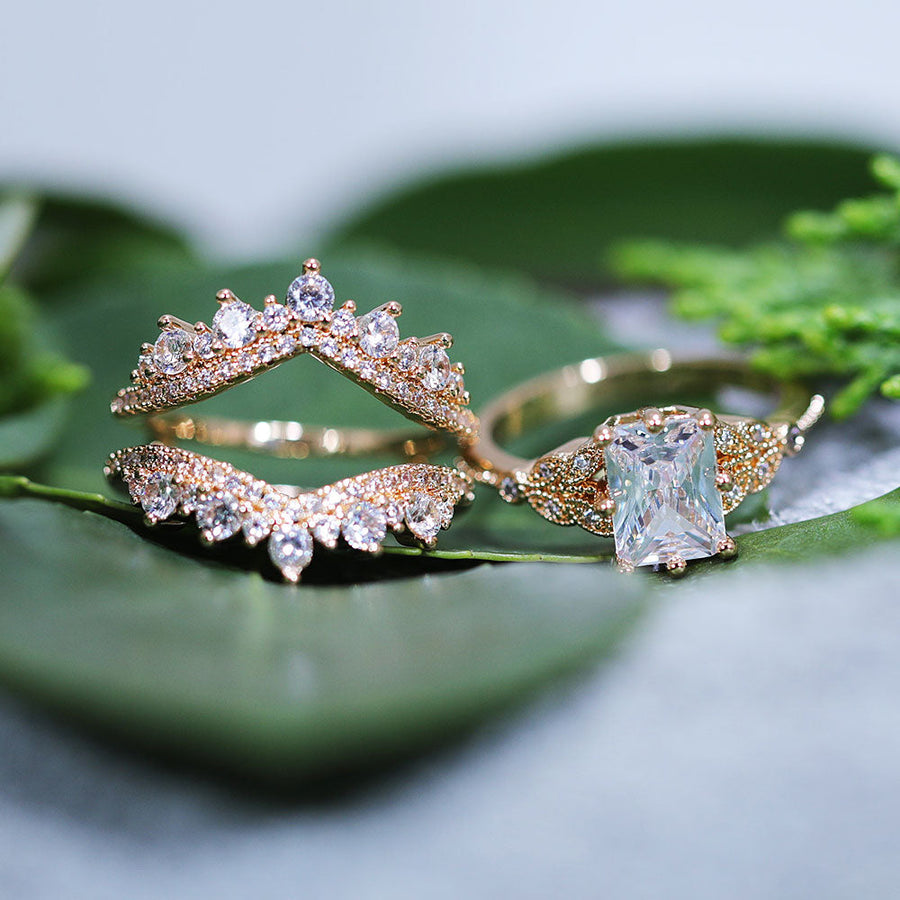 Elegant 2 Pcs Radiant Cut Enhancer Rose Golden Tone Wedding Bridal Set shine