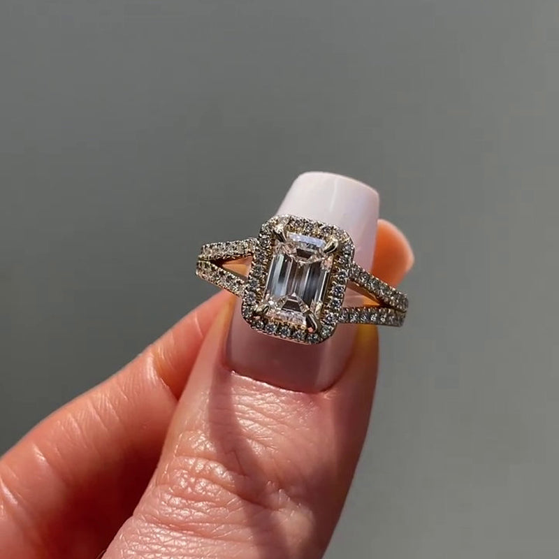 Luxurious Golden Tone Halo Emerald Cut Split Shank Engagement Ring Shineofdiamond