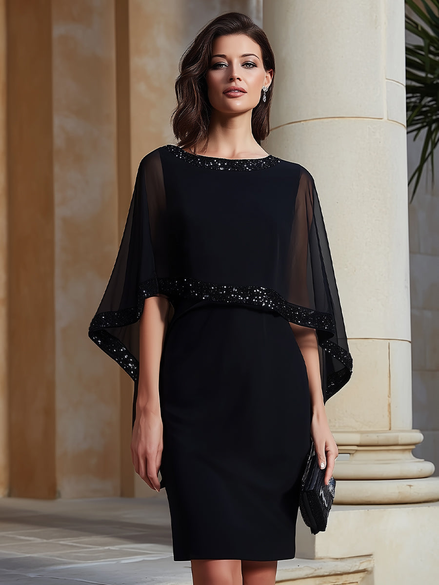 Mbellished Cape-Sleeve Sheath Dress XYS
