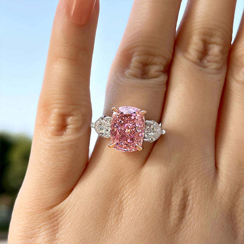 Two Tone Cushion Cut Three Stone Pink Gemstone Sterling Silver Engagement Ring shineofdiamond