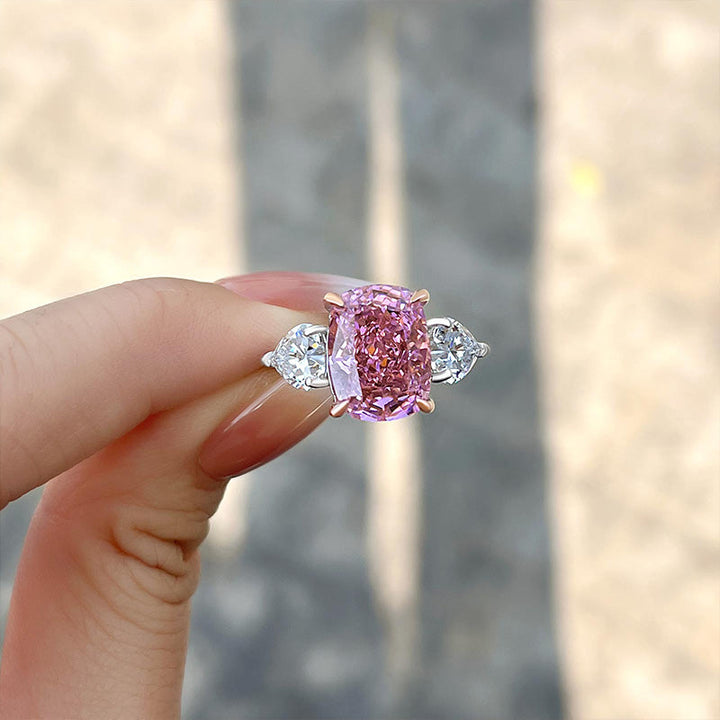 Two Tone Cushion Cut Three Stone Pink Gemstone Sterling Silver Engagement Ring shineofdiamond