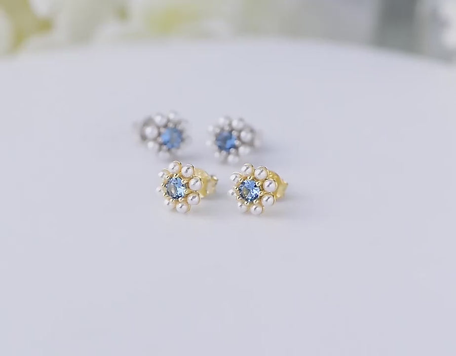Blue Flower Design Pearls Stud Earrings Carly Jewelry